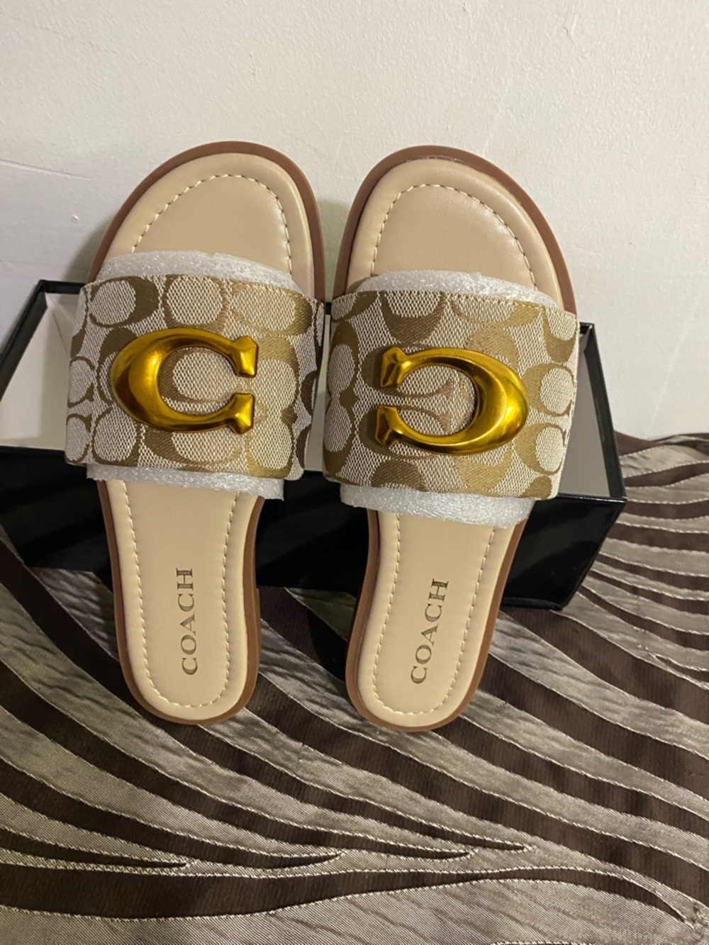 Coach Beige Signature Canvas Slide Mules with Gold 'C' Hardware - Picture 3 of 5